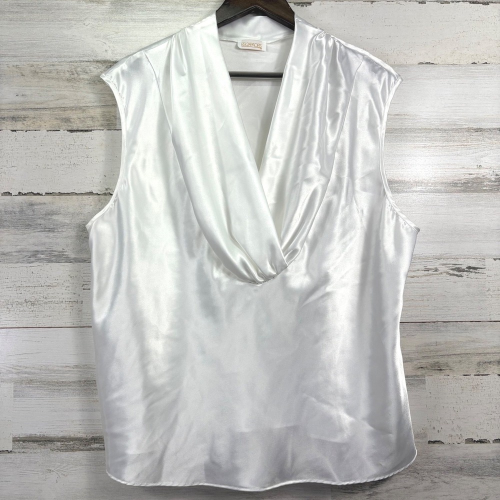 Escapades Cowl Neck Blouse Vintage 80s 2X White Satin Sleeveless Chic Corpcore